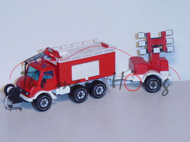 00005 Unimog 406 Löschfahrzeug mit Anhänger, verkehrsrot/weiß, LKW10, Schnur wieß, Dachreeling kompl