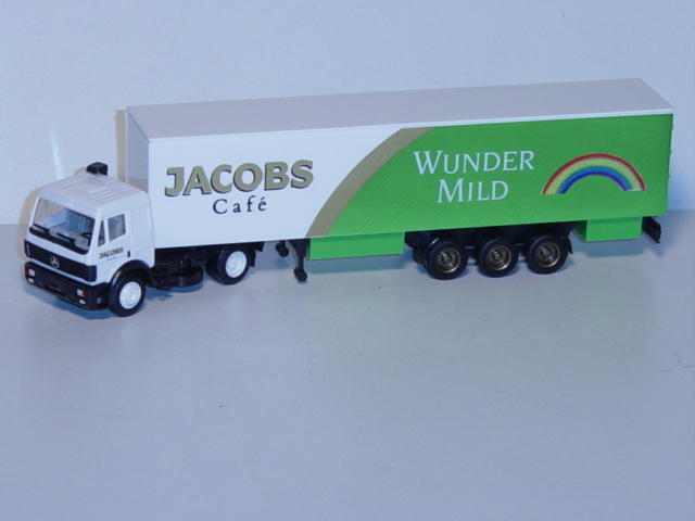 Mercedes SK Koffer-Sattelzug, reinweiß/gelbgrün, JACOBS Café / WUNDER / MILD, ALBEDO, 1:87, mb