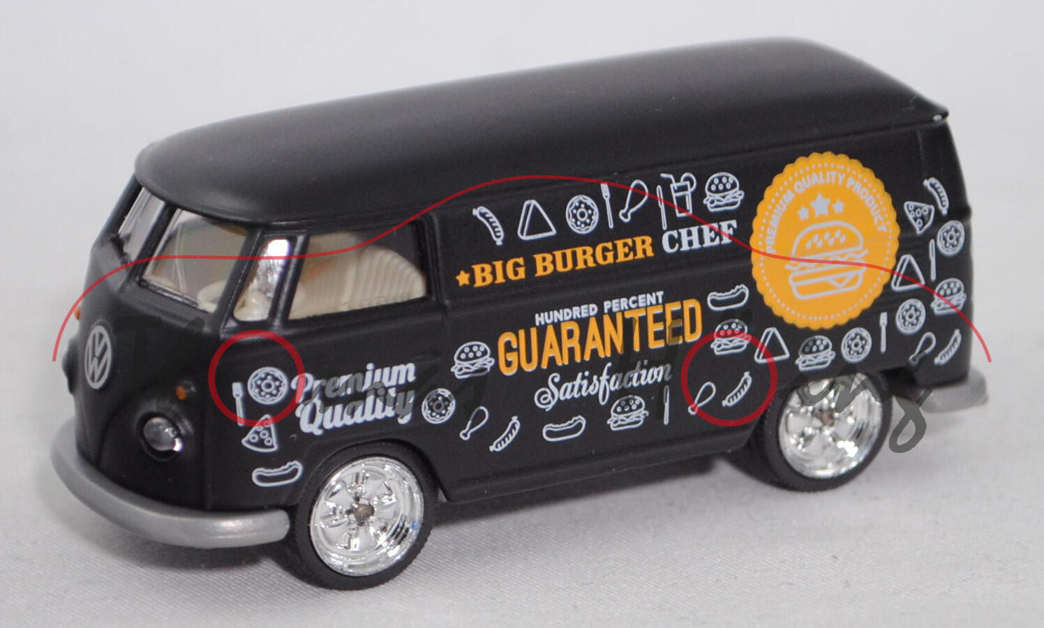 VW Transporter Kastenwagen (Typ 2 T1, Mod. 60-63) Food Truck, mattschwarz, BIG BURGER CHEF, 1:59, mb