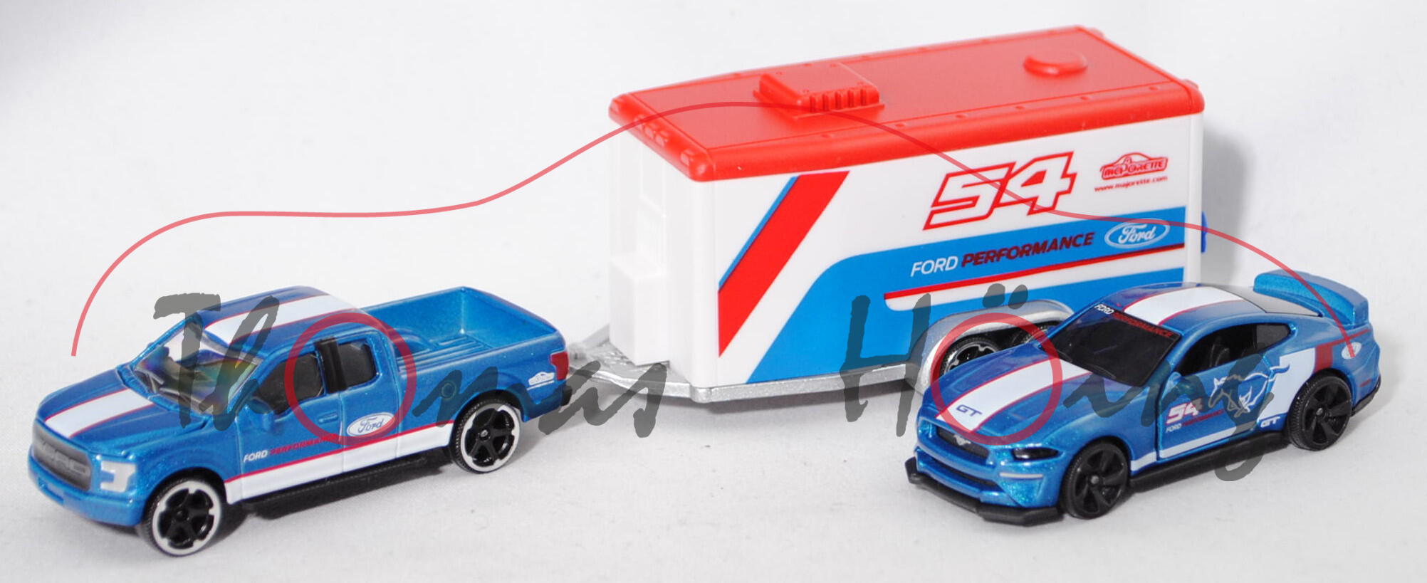 Ford F-150 RAPTOR + Autotransporter + Ford Mustang vom Team FORD PERFORMANCE, majorette, mb