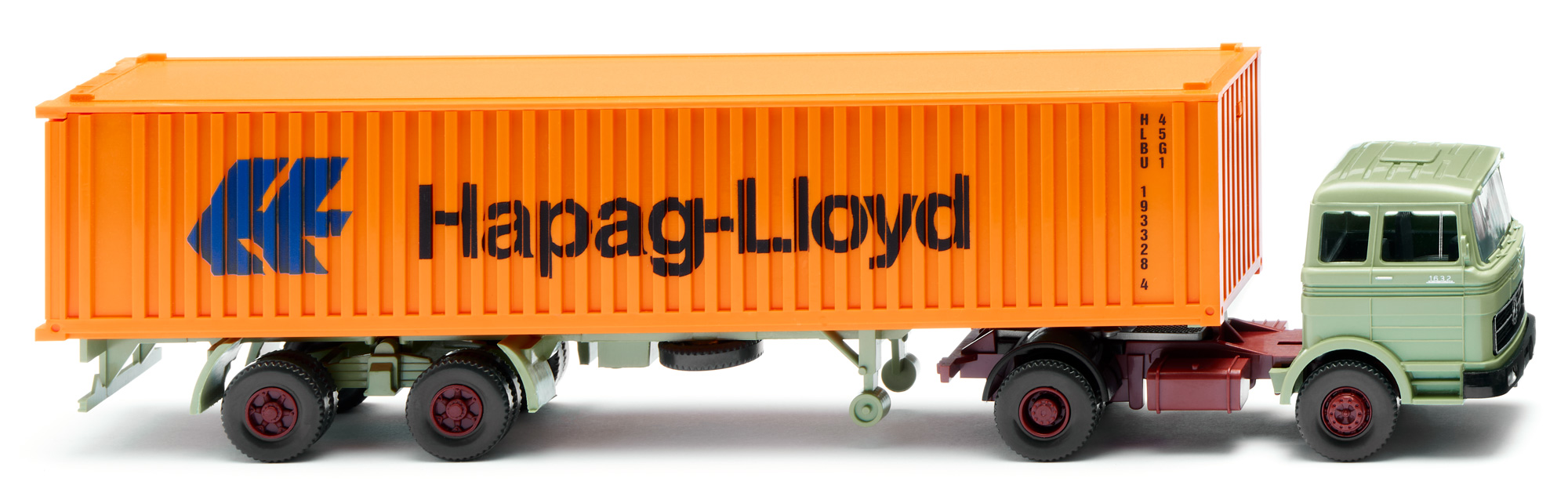Mercedes-Benz LPS 1632 (LP-Baureihe, kubische Kabine schwer, Modell 1970-1974) Containersattelzug, hellgrün, 40-Fuß-Container orange, Hapag-Lloyd, Wiking, 1:87, mb