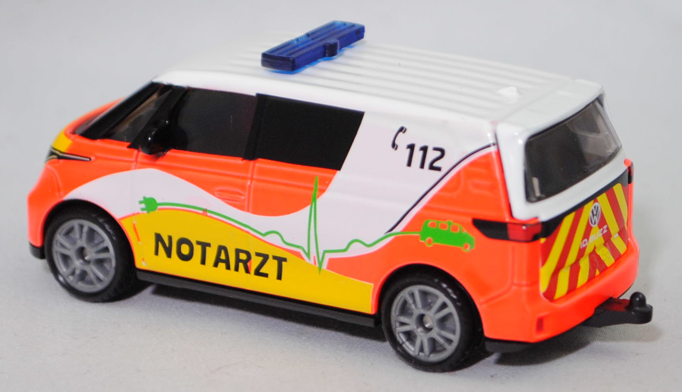 00000 VW ID. Buzz Cargo (1. Generation, interne Baureihenbezeichnung EBN, Modell 2022-) Krankenwagen, Karosserie reinweiß, C 112 / NOTARZT, SIKU SUPER, 1:61, P29f