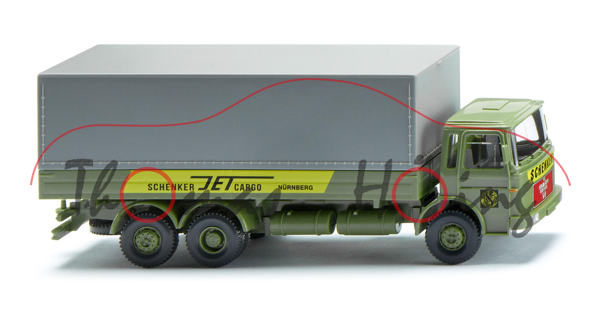 MAN 16.320 FN (Typ F7, Facelift 1 von 1972, Modell 1972-1975) Pritschen-LKW, resedagrün, SCHENKER JET CARGO NÜRNBERG, Wiking, 1:87, mb