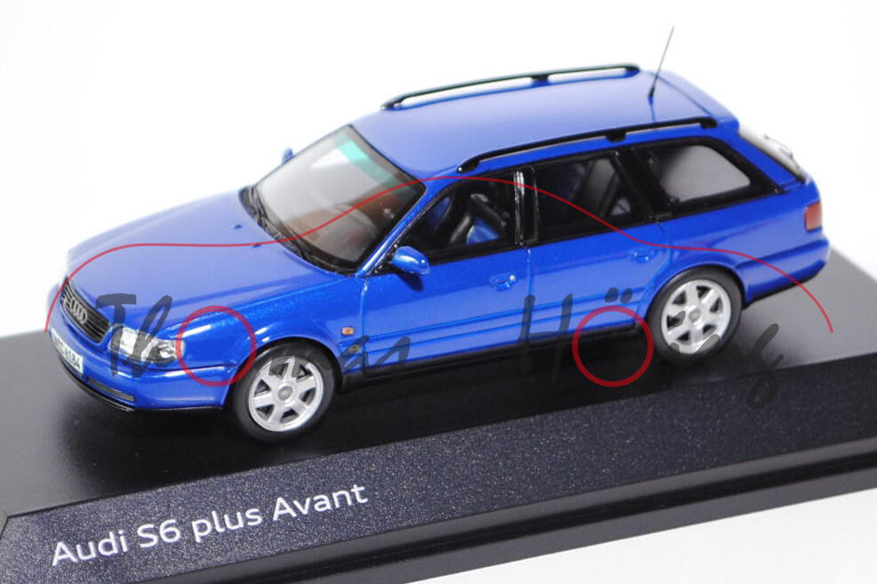 Audi S6 plus Avant (C4, Typ 4A), Modell 1996-1997, nogaroblau, Minimax / Spark, 1:43, Werbeschachtel