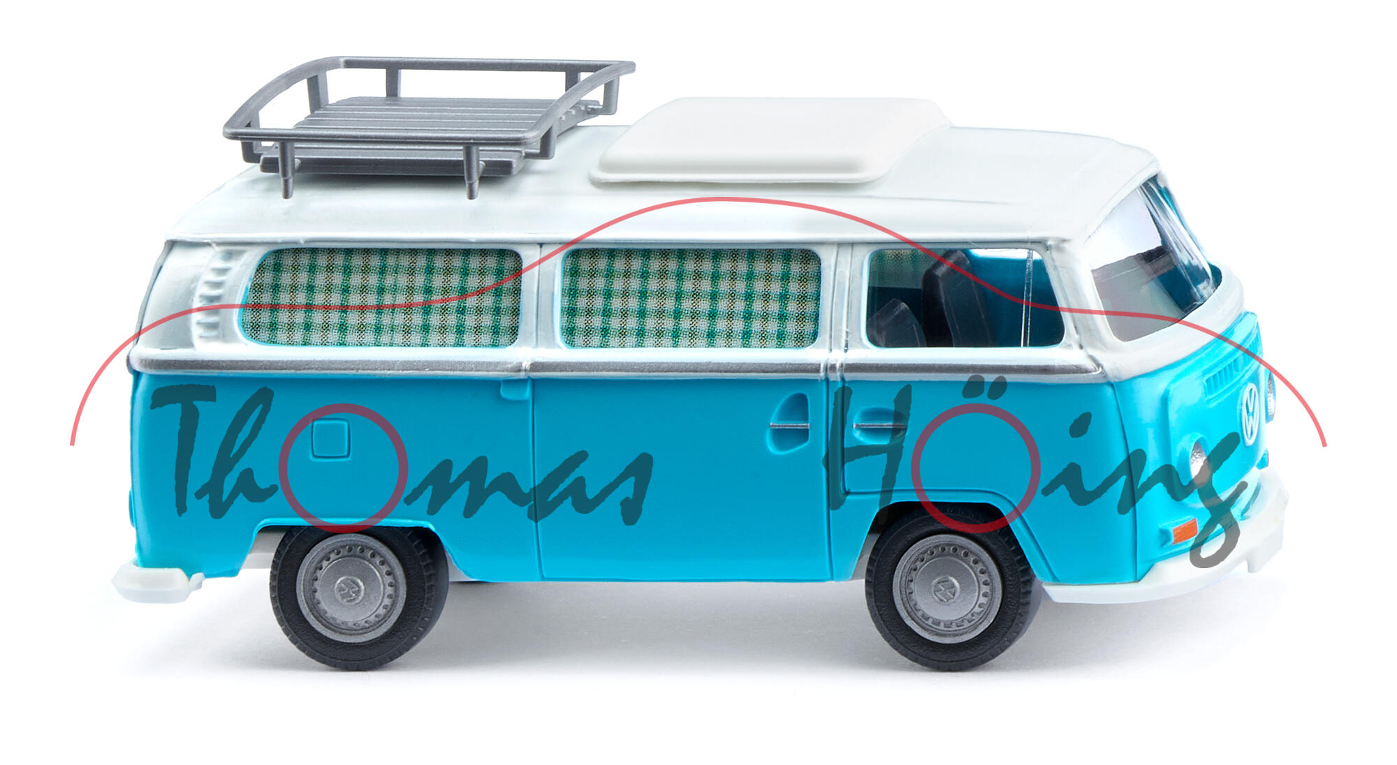 VW Transporter T2a Kleinbus Campingbus mit Dachgepäckträger (2. Gen., Typ T2a, Modell 1967-1971), Karosserie weiß/ eisblau, Wiking, 1:87, mb