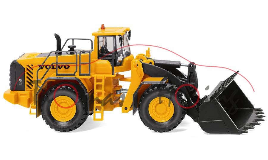 Volvo-Radlader L350F (Modell 2007-) und Felsschaufel mit Trapezmesser, gelb/grau, Wiking, 1:87, mb