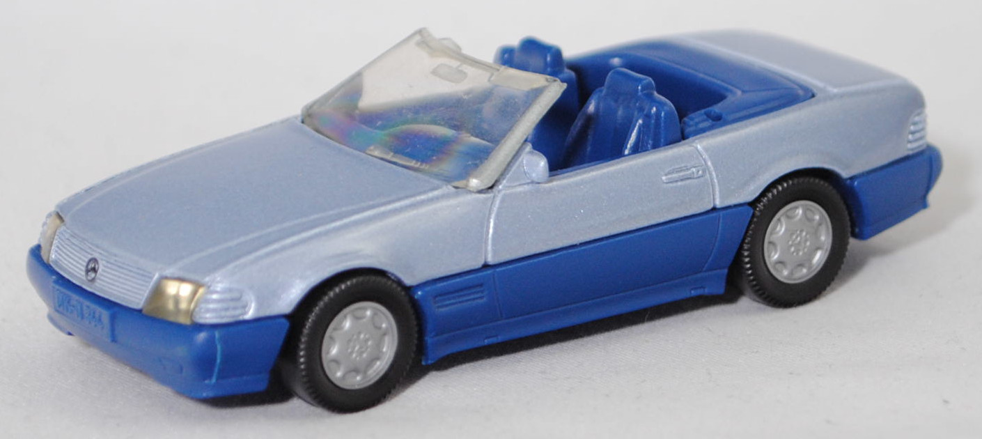 00005 Mercedes-Benz 500 SL ohne Verdeck (Hardtop) (R 129, Modell 1989-1992), silberblaumetallic/saphirblau, Scheibe seitlich lackiert, Heckklappe mit Stern, Hong, B7, SIKU, 1:55, m (Verdeck weg)