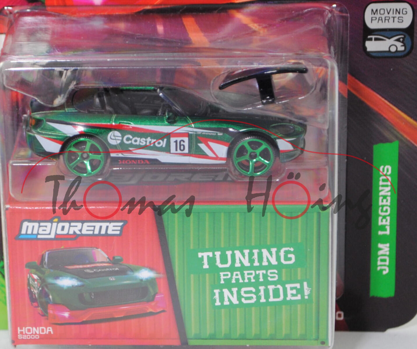 Honda S2000 (AP1, Facelift 2004, Mod. 2004-2009) (Nr. 212D), moosgrünmet./schwarz, Beilage: Bodykit und Tuning-Zubehör, majorette, 1:57, Blister (JDM Legends DELUXE CARS)
