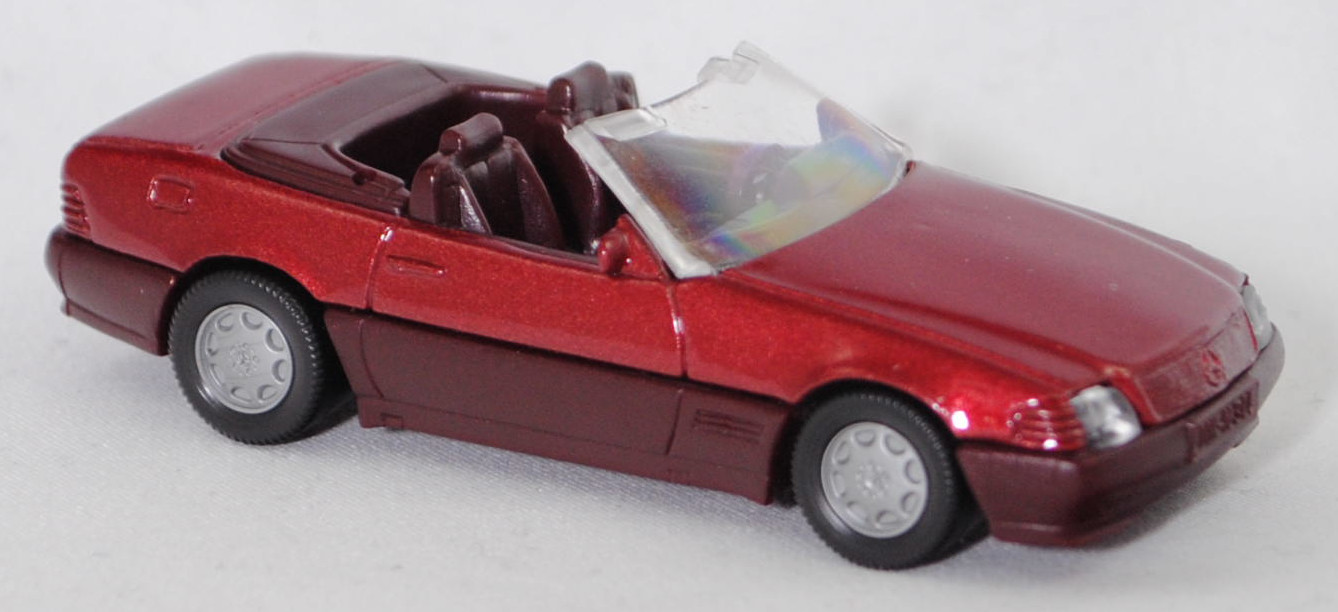 00000 Mercedes-Benz 500 SL (R 129, Modell 1989-1992), purpurrotmetallic, Stern im Kühlergrill und Scheibe seitlich unlackiert, Heckklappe ohne Stern, Germ, B7, SIKU, 1:55, m