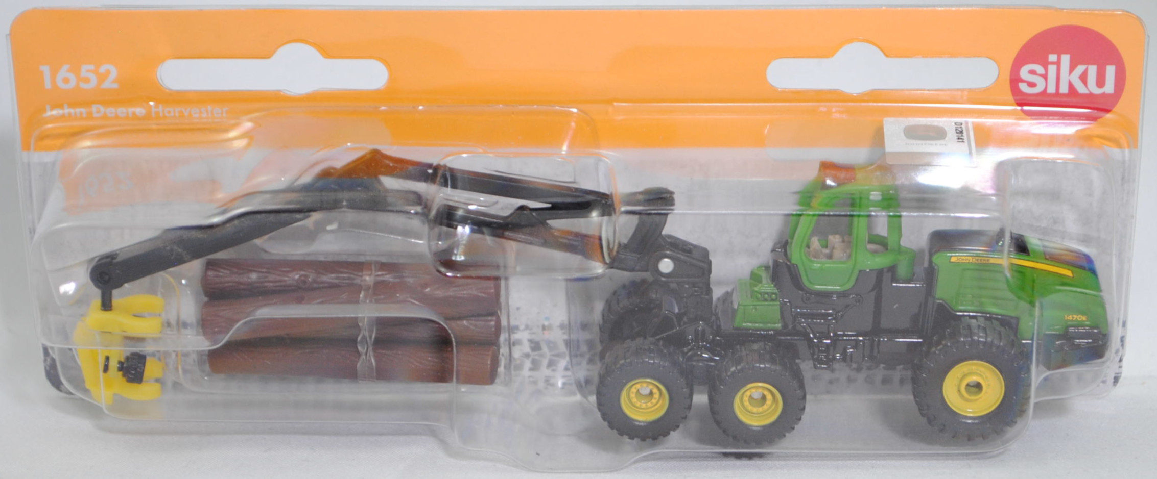00002 John Deere 6-Rad-Harvester 1470E (Modell 2009-2013), hell-smaradgrün/schwarz, mit Druck Chargennummer, Zubehör: 6 Baumstämme, SIKU SUPER, 1:87, P29f