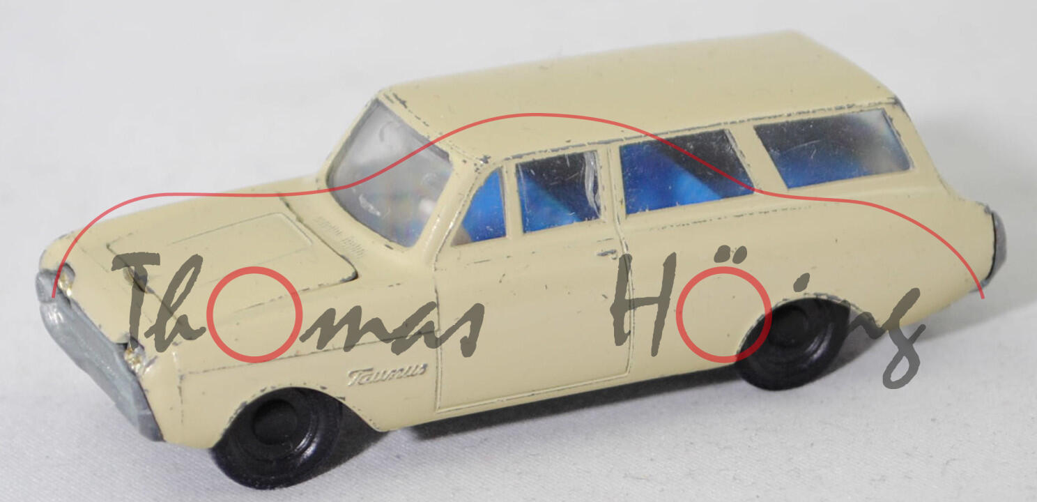 00006 Ford Taunus 17M Turnier (P3 bzw. Projekt NPX, Modell 1962-1963), grünbeige, innen signalblau, Lenkrad weiß, Schlossträger mit Griffmulde, R1, SIKU, 1:62, m-