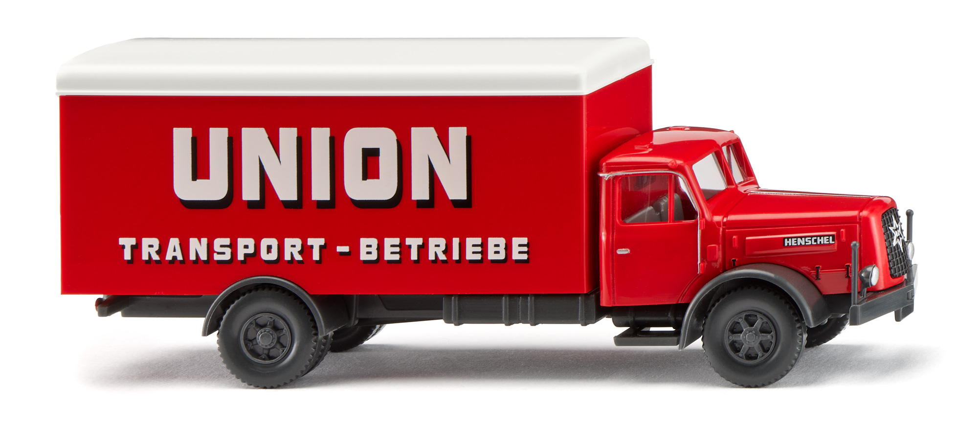 HENSCHEL HS 140 4x2 (2. Generation, Modell 1955-1961) Koffer-LKW, rot, Kofferaufbau rot mit Dach in weiß, UNION / TRANSPORT - BETRIEBE, Wiking, 1:87, mb