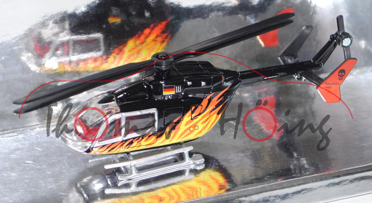 Hubschrauber, schwarz/silber, blackline flames, design by siku, mit Totenkopf auf dem Heck, 1:87, We