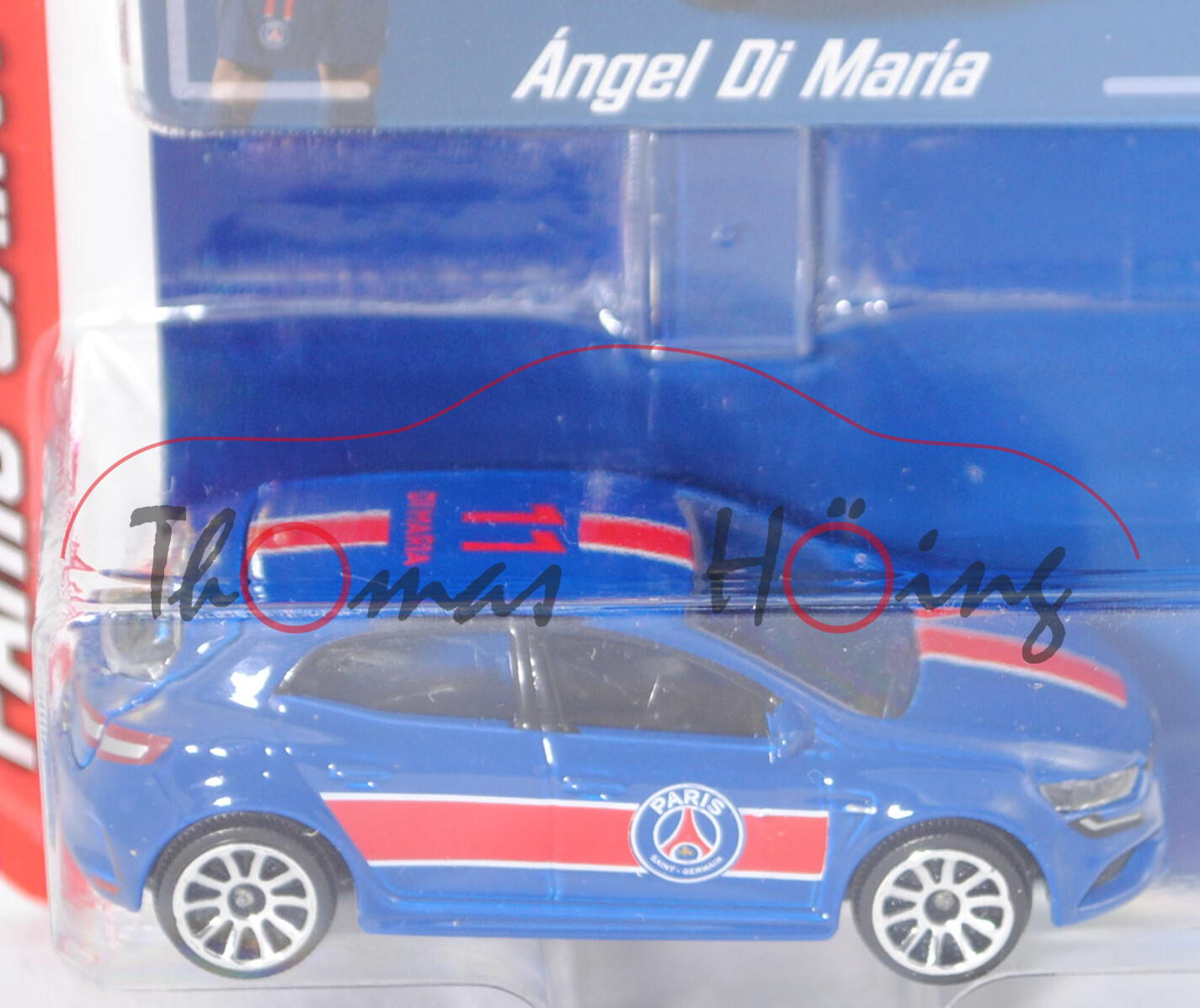 Renault Mégane R.S. (Mod. 2018), enzianblau, 11 / DI MARIA, m. Sammelkarte, majorette, 1:63, Blister