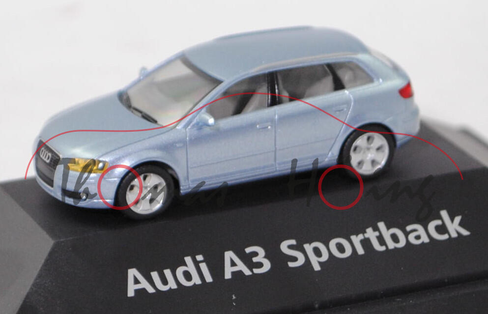 Audi A3 Sportback 3.2 Ambition quattro (Typ 8PA, Mod. 04-08), liquidblau metallic, Herpa, 1:87, Werbebox