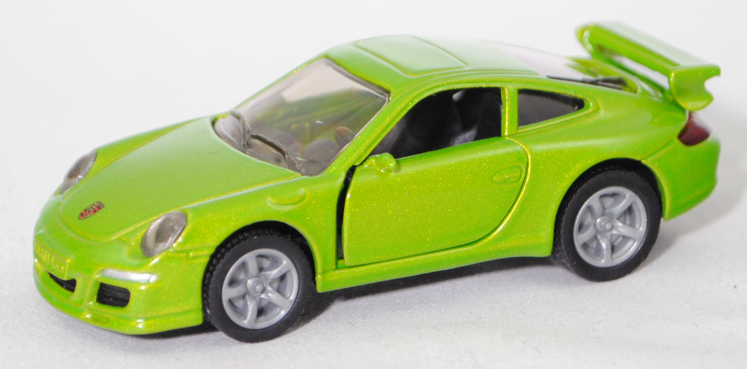 00003 Porsche 911 Carrera S (Typ 997.1 Coupé / 997 MK1 Coupé, Vorfacelift, Modell 2004-2008), hell-gelbgrünmetallic, B22a / B22b geschlossen silbergrau, SIKU SUPER, 1:55, m
