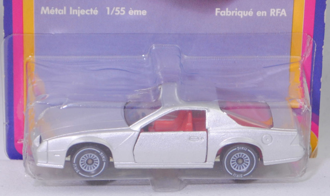 00000 Chevrolet Camaro Berlinetta 5.0L V8 (3. Generation, Vorfacelift, Modell 1982-1984), silber, Bpr. CAMARO Z 28, W-Germ, Chassis chrom, ohne CE-Zeichen, B4, SIKU SUPER, 1:59, P20