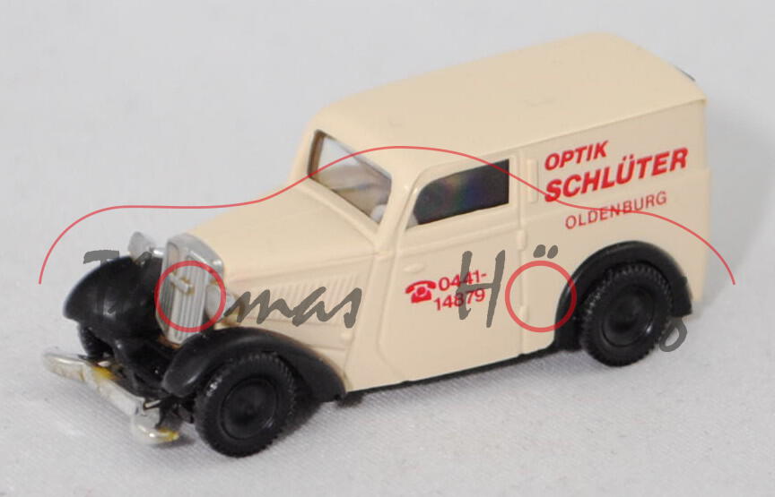 0096 DKW Front F7 Kastenwagen, hellelfenbein, OPTIK / SCHLÜTER / OLDENBURG, Brekina, 1:87