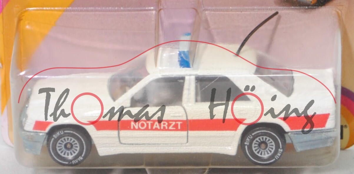 00004 Mercedes-Benz 300 E (W 124, Modell 1985-1986) Notarztwagen, weiß/rot, NOTARZT, Chassis chrom, W-Germ, B4, SIKU, 1:55, P23 vergilbt