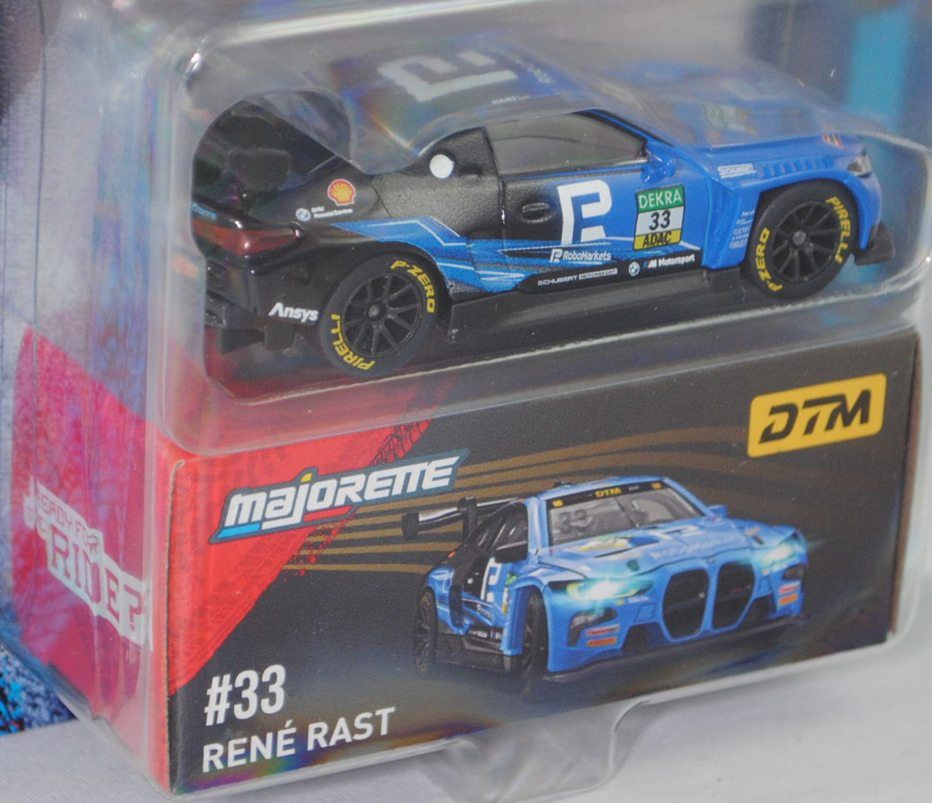 BMW M4 GT3 EVO (G82, Homologationsnummer GT3-053, Modell 2024-) (Nr. 257I), blau/schwarz, DTM 2025, René Rast, Nr. 33, Schubert Motorsport, majorette, 1:65, Blister