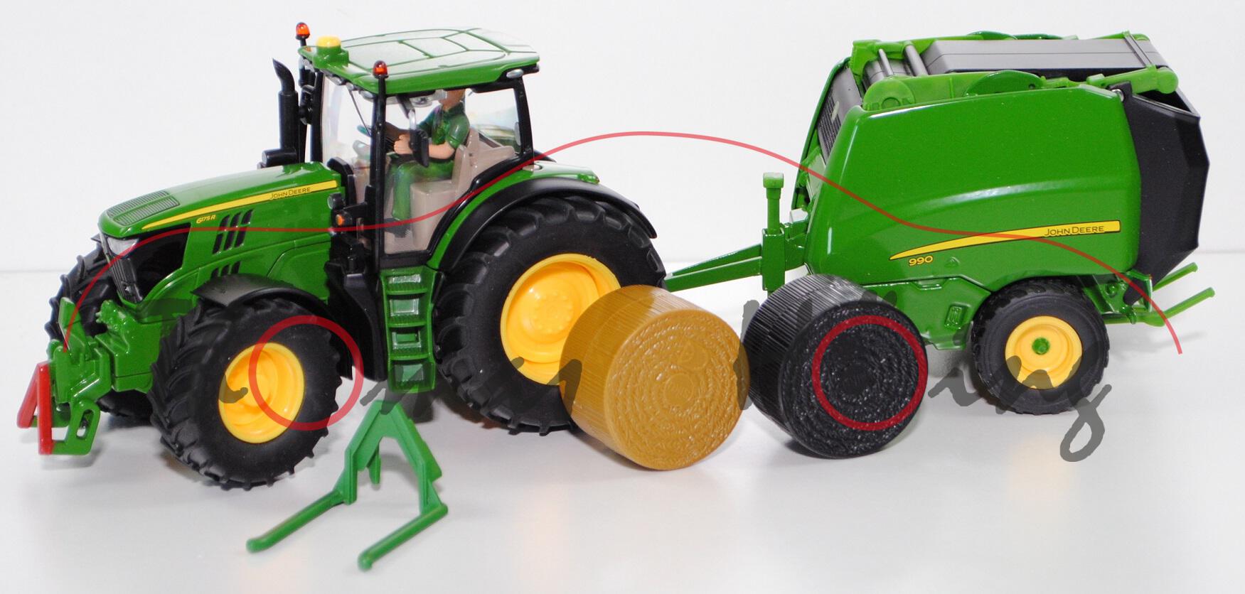 99901 IE John Deere 6175R (Mod. 2014-2020) mit John Deere Rundballenpresse 990, SIKU, 1:32, L16nmpP