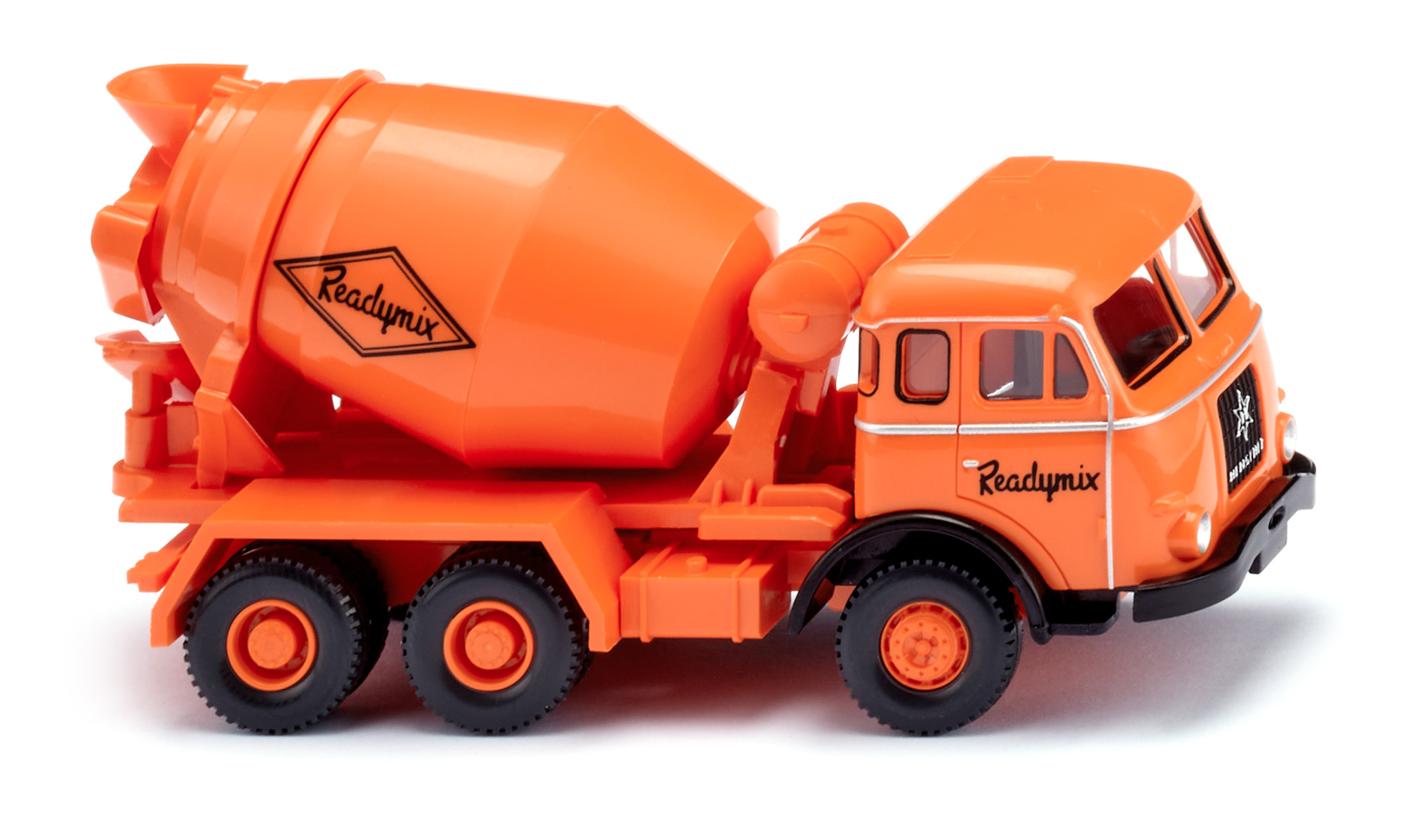 Henschel HS 3-180 (Typ schwerer Dreiachs-Frontlenker, Modell 1957-1961) Betonmischer, Fahrerhaus hellrotorange, Readymix, Wiking, 1:87, mb