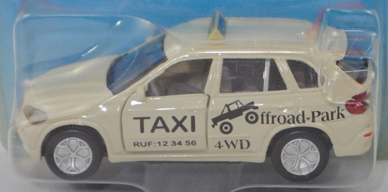 00000 BMW X5 3.0si / xDrive30i (E70, Modell 2006-2008) Taxi-Geländewagen, hellelfenbein, TAXI / RUF:12 34 56 / Offroad-Park / 4WD, SIKU SUPER, 1:58, P29a vergilbt