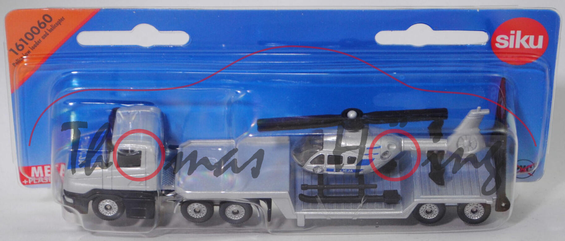 06000 PL Scania T114GA (Modell 1995-1998) mit Tiefbett Sattelauflieger und Eurocopter EC 135 T1 (Modell 1996-2002), silbergraumetallic, POLICJA, SIKU, P29e