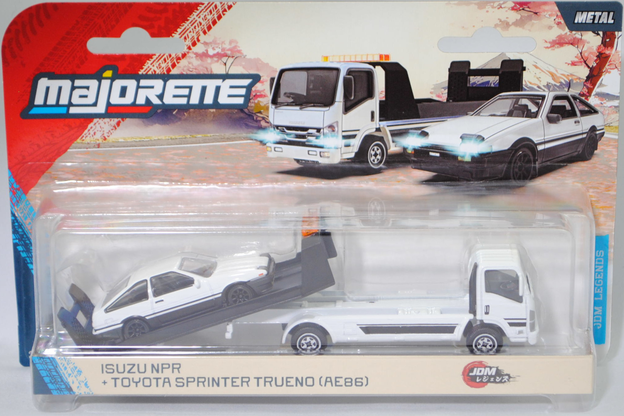 ISUZU NPR75 4x2 (Modell 2016-2023) Abschleppwagen mit Toyota Sprinter Trueno GT APEX (AE86, Modell 1983-1985), reinweiß, majorette, Blister (JDM Legends Car Transporter)
