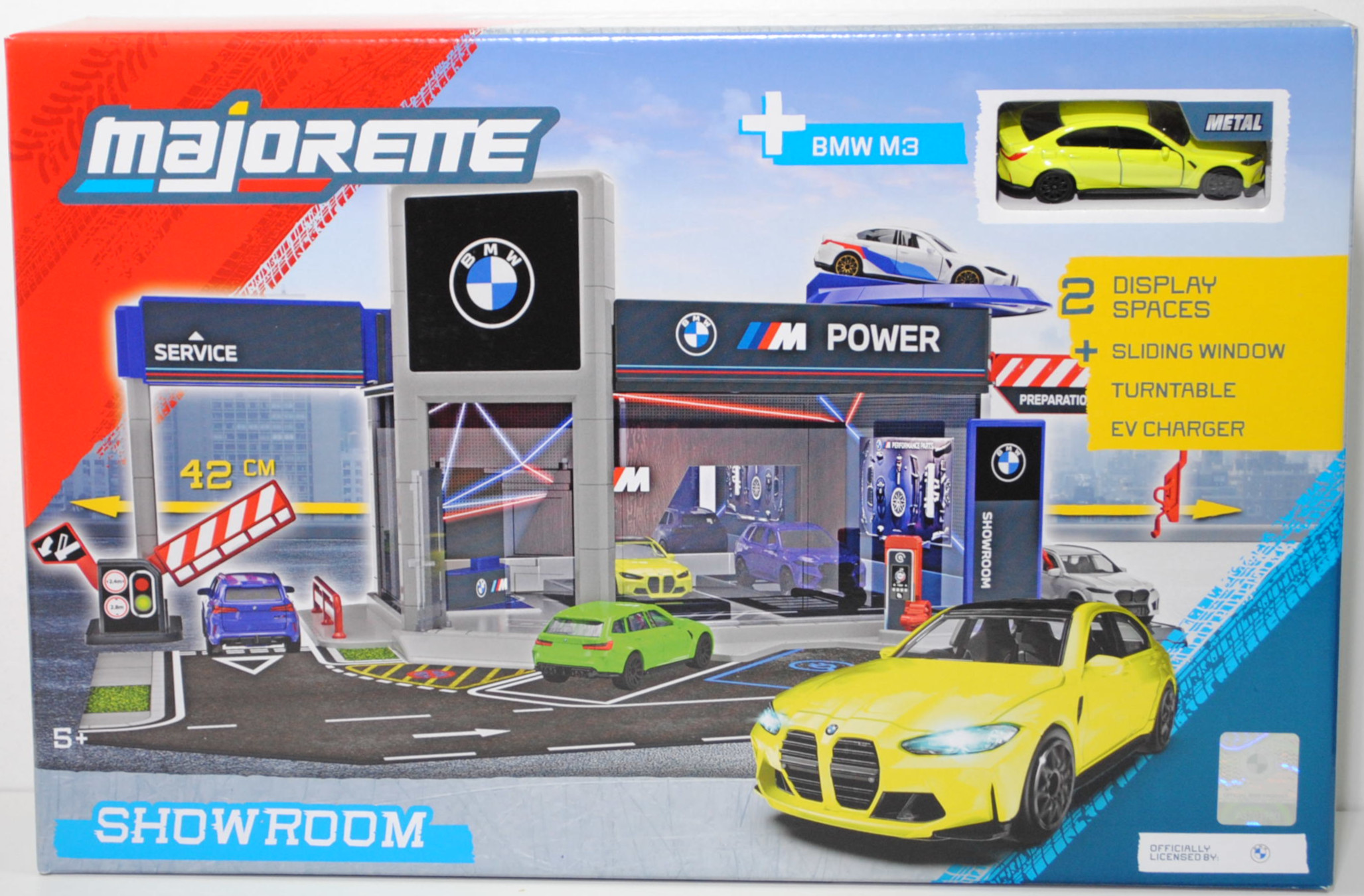 BMW Showroom Set mit BMW M3 Limousine (G80, Modell 2021-) (Nr. 257G), leuchtgelb (M Sao Paulo gelb uni), majorette, 1:62, mb (BMW EDITION PREMIUM CARS)