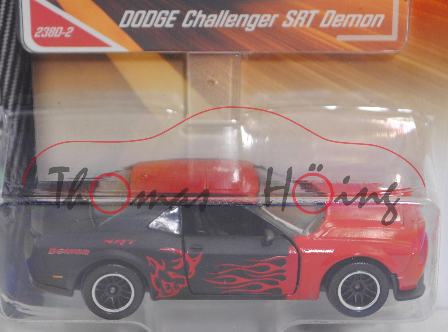 Dodge Challenger SRT Demon (Modell 2017-2018), feuerrot/mattschwarz, majorette, 1:66, Blister