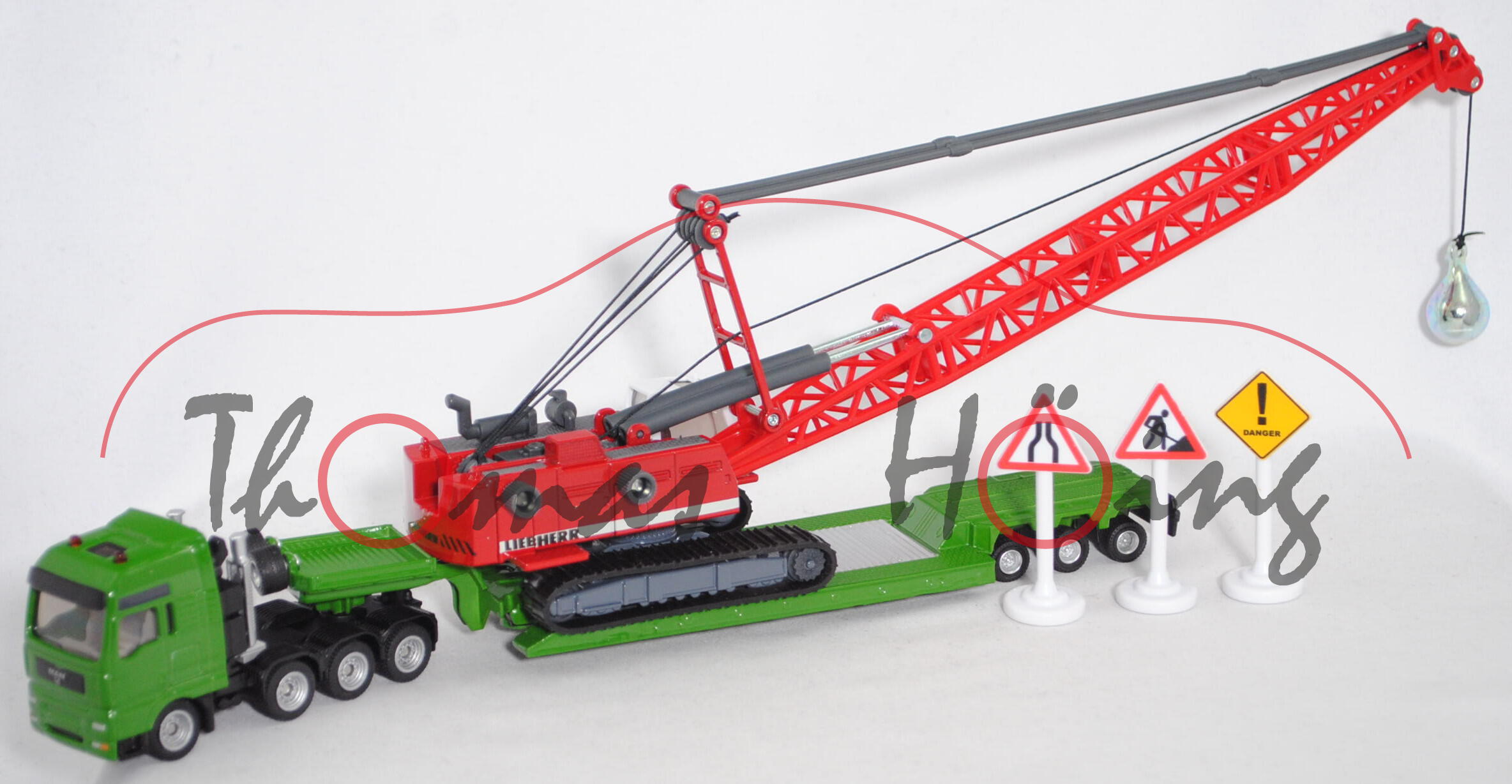 00003 MAN TGA 41.660 XXL mit Auflieger+LIEBHERR Hydro-Seilbagger mit Abrissbirne, grün+rot, L17mpK