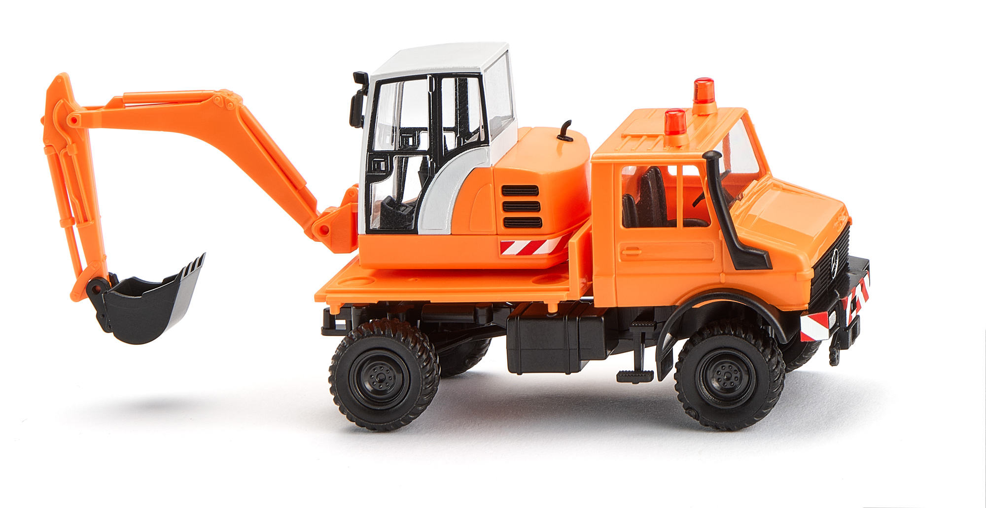 Mercedes-Benz Unimog U 1650 (Baureihe 427, Vor-MoPf, Modell 1988-1991) mit Bagger und Tieflöffel, pastellorange/schwarz, Wiking, 1:87, mb