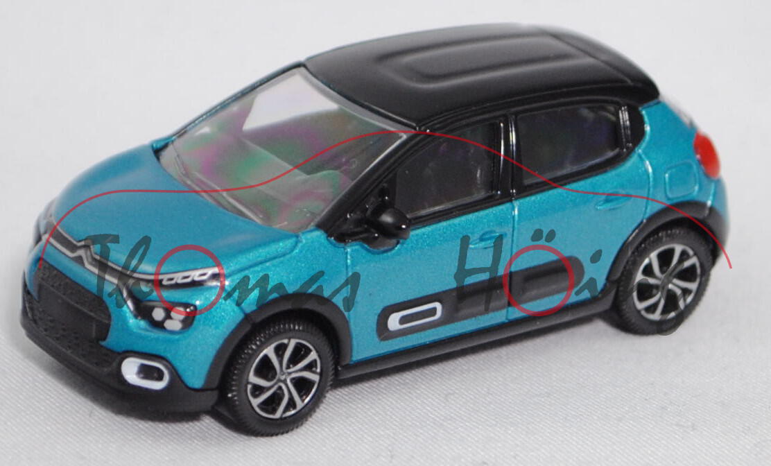 Citroen C3 SHINE PACK (3. Gen., Facelift, Mod. 20-), spring-blue, Dach onxy-schwarz, Norev, 1:64, mb