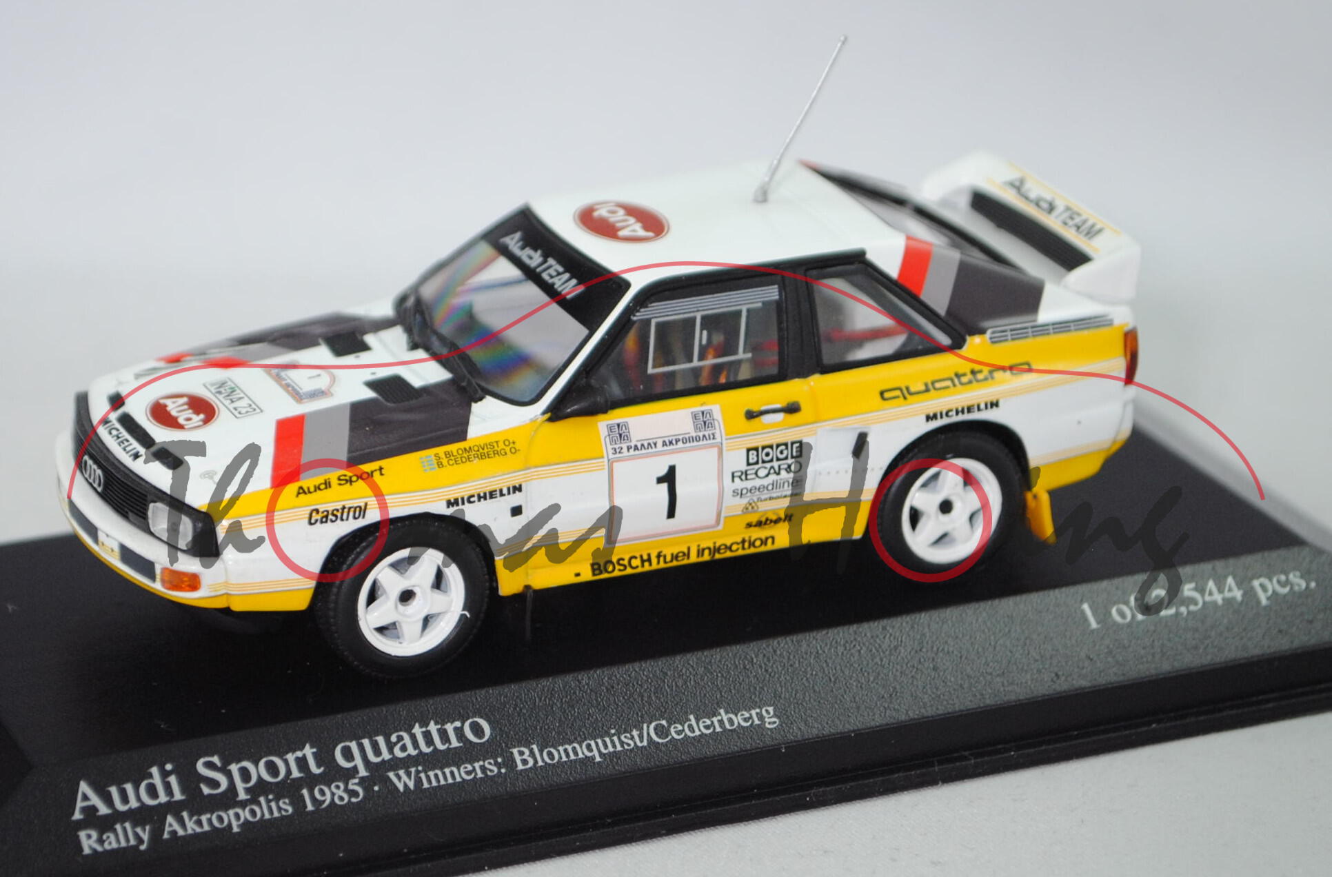 Audi Sport quattro Gr. B, Akropolis Rallye 1985, Blomqvist / Cederberg, Nr. 1, Minichamps, 1:43, mb