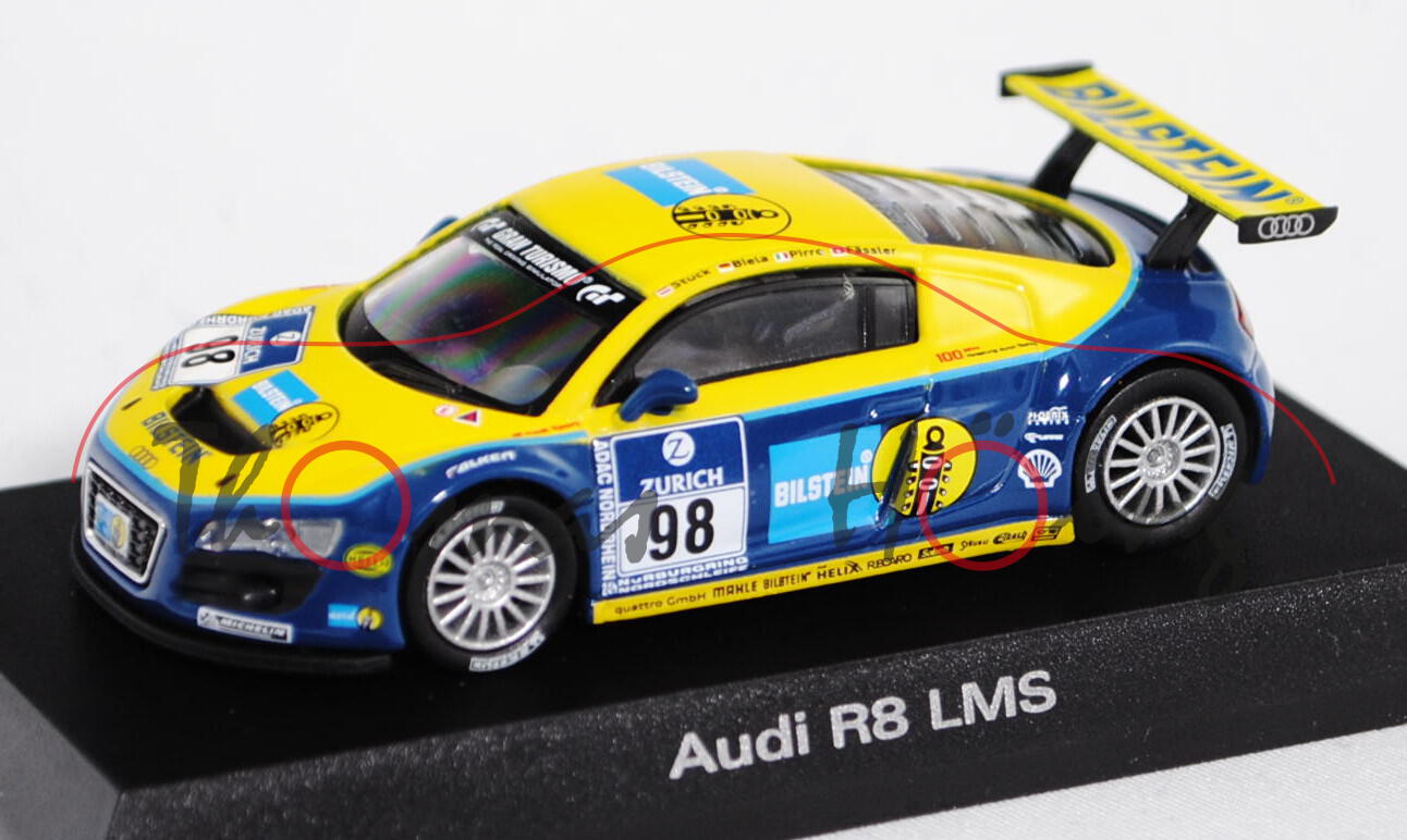 Audi R8 LMS (Typ R16, Modell 2009-2012), gelb/blau, 24h Nürburgring 2009, Nr. 98 (12. Platz), Fahrer