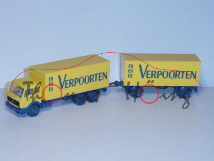 Mercedes 1632 Kofferlastzug, signalgelb/grünblau, ei ei ei VERPORTEN, Wiking, 1:87, mb