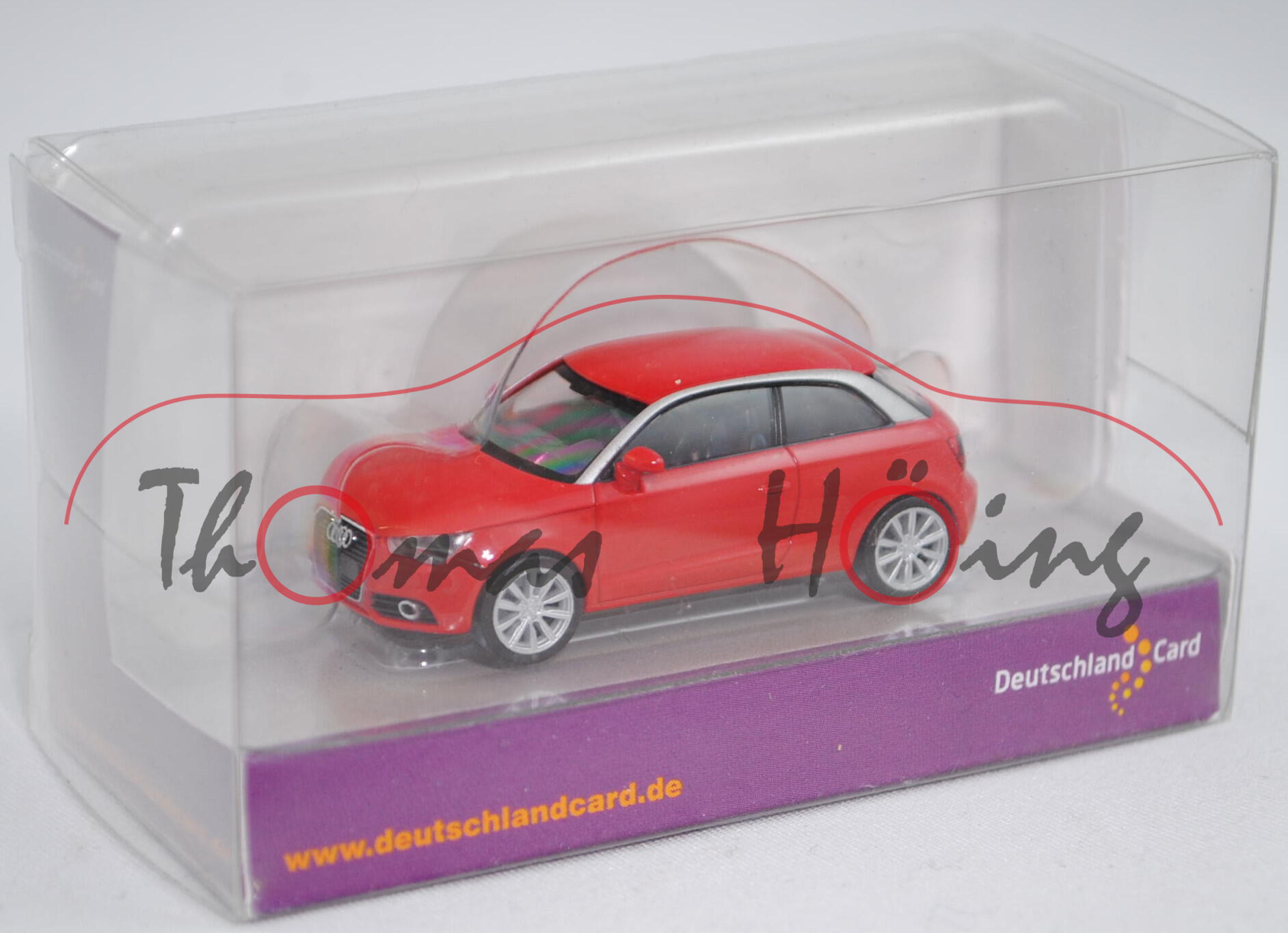 Audi A1 (Typ 8X, Modell 2010-), misanorot/silber, Deutschland Card, Herpa, 1:87, Werbeschachtel (Lim