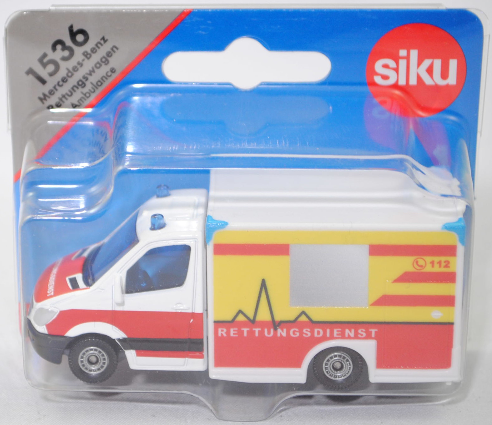 00002 MIESEN Rettungswagen mit Kofferaufbau auf Mercedes-Benz Sprinter II Fahrgestell, weiß, RETTUNGSDIENST, Kühlergrill geprägt ohne Lüftungsgitter, SIKU, 1:78, P29e