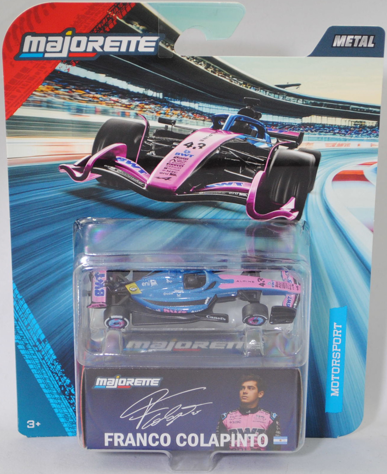 Alpine A525 R19 (5. Generation, Modell 2025) (Nr. 282E), Fahrer: Franco Colapinto (19. Saisonrennen als GP der USA 2025), Startnummer 43, BWT Alpine F1 Team, majorette, 1:69, Blister