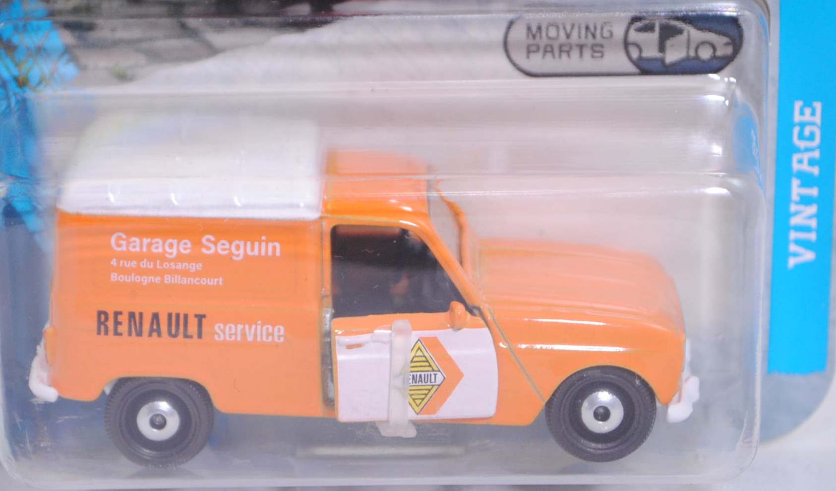 Renault 4 Fourgonnette F4 (Typ R2106, Facelift 1983, Modell 1983-1986) (Nr. 210E), orange/weiß, Garage Seguin / RENAULT service, majorette, 1:51, Blister (VINTAGE PREMIUM CARS)