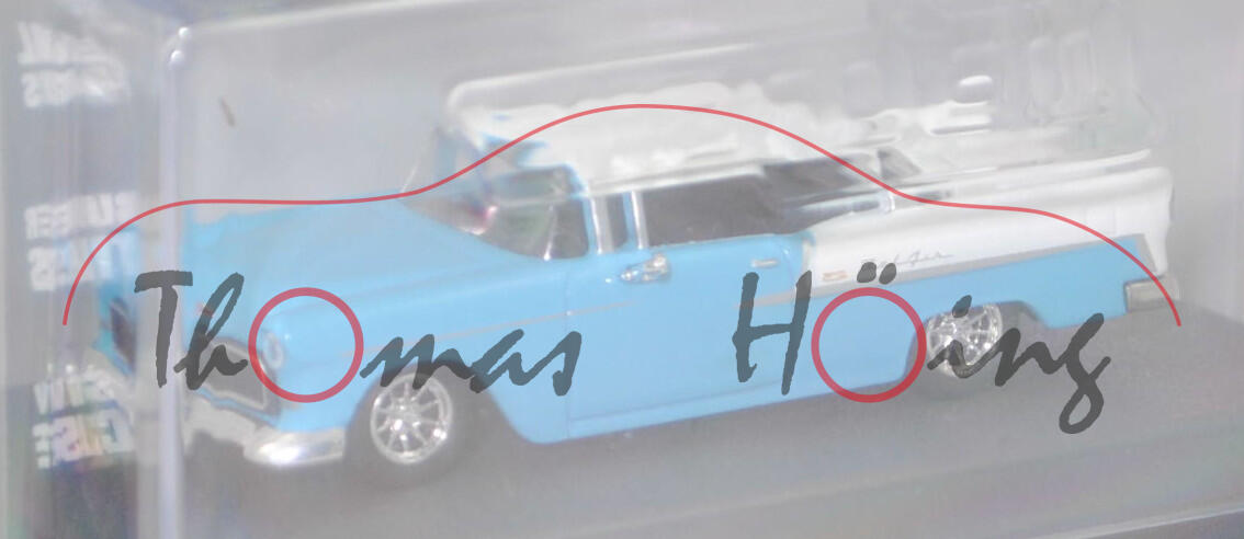 Chevrolet Bel Air Sport Coupé (Modell 1954-1955), blass-lichtblau/reinweiß (regal turquois / india ivory), majorette, 1:64, PC-Box im Blister (Collection)