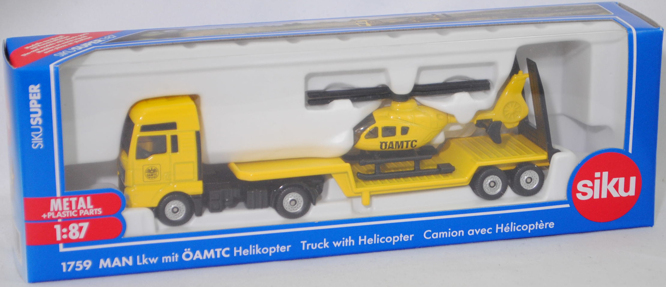 03800 A MAN TGX 18.580 D38 XXL (Mod. 2017-2019) mit Sattelauflieger und ÖAMTC-Hubschrauber Eurocopter EC 135 T1 (Mod. 1996-2002), gelb, ÖAMTC, SIKU SUPER 1:87, L17mpK