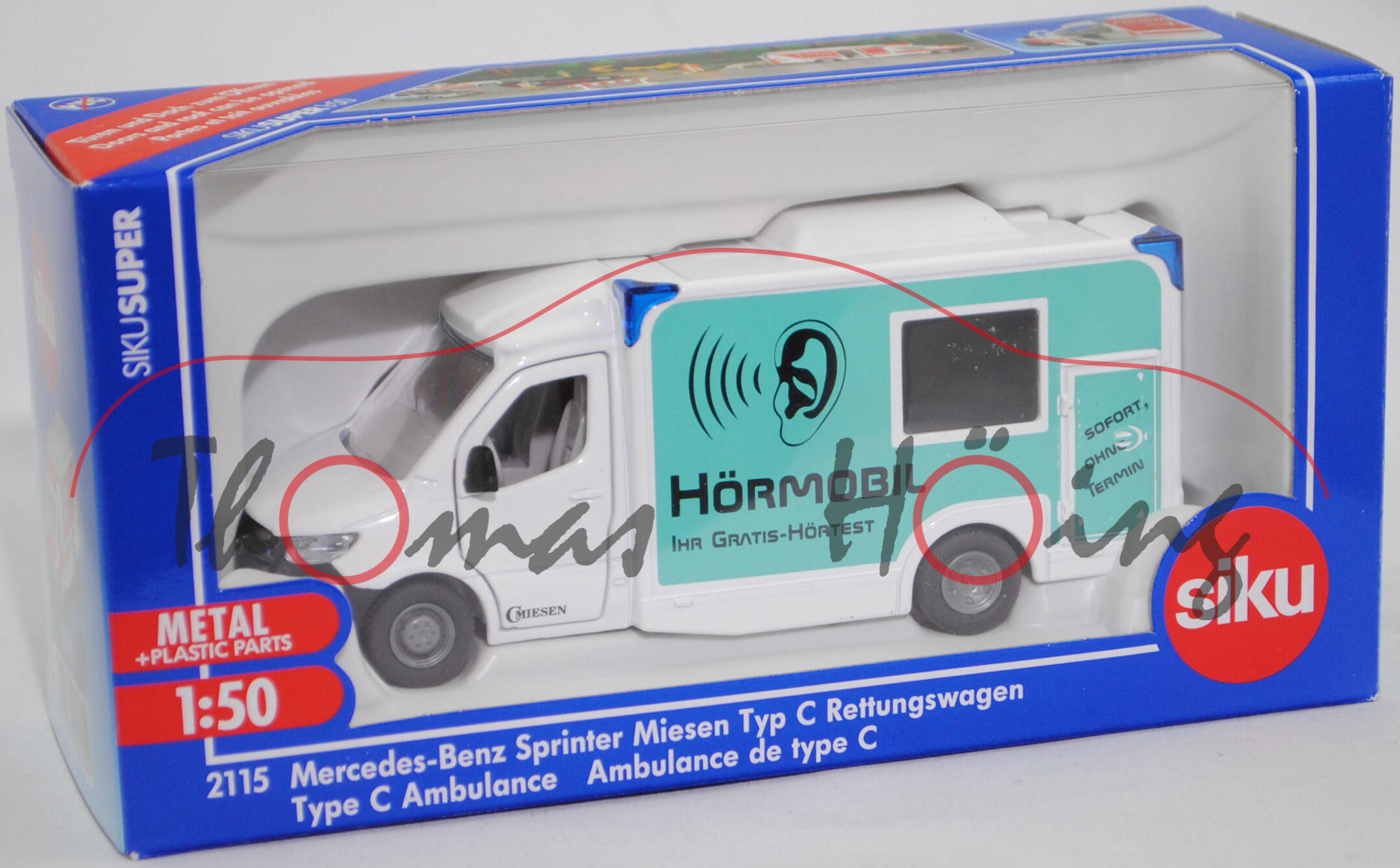 00401 HÖRMOBIL MIESEN Rettungswagen mit Kofferaufbau auf Mercedes-Benz Sprinter III (Mod. 18-21) 519 CDI Fahrgestell, weiß, HÖRMOBIL / IHR GRATIS-HÖRTEST, SIKU, 1:50, L17mpK (Limited)