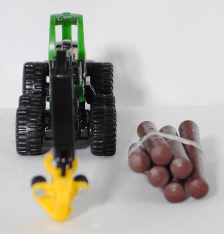 00000 John Deere 6-Rad-Harvester 1470E (Modell 2009-2013), hell-smaradgrün/schwarz, Zubehör: 6 Baumstämme in mahagonibraun, SIKU SUPER, 1:87, P29f