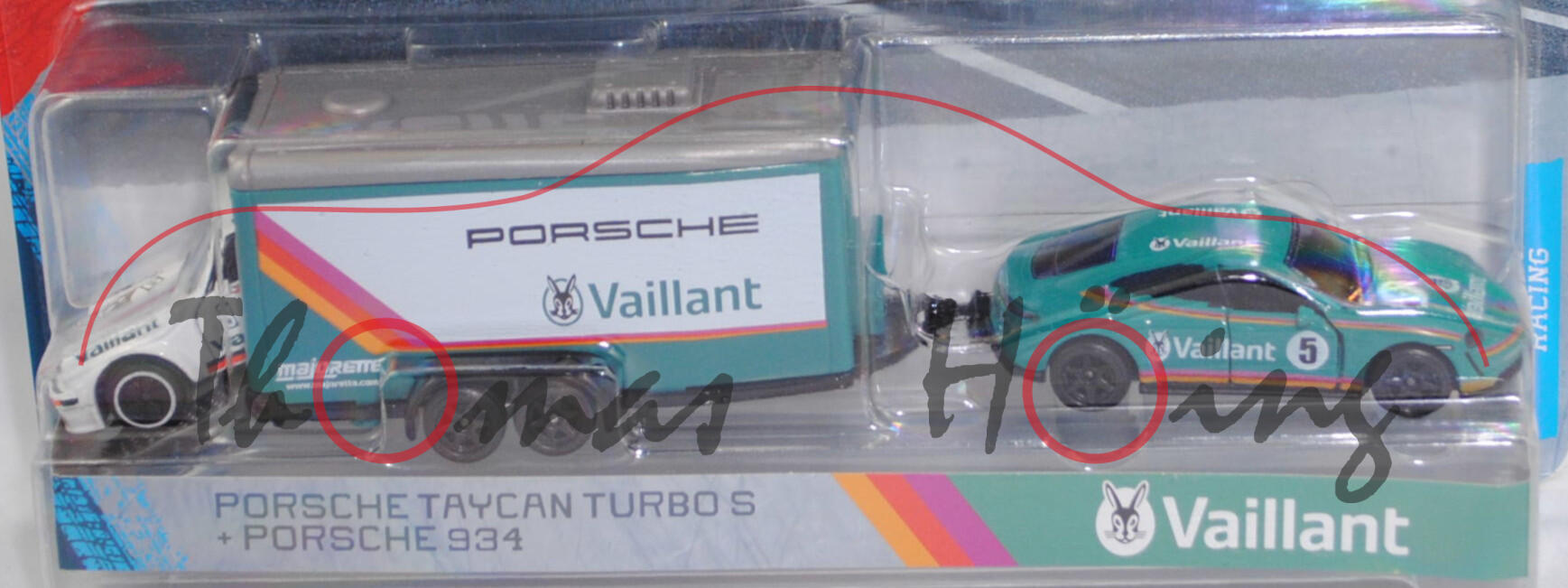 Porsche Taycan Turbo S mit Autotransporter und Porsche 934 oder Porsche Turbo RSR vom Team Vaillant, türkisgrün, majorette, Blister (RACING Deluxe Trailer)