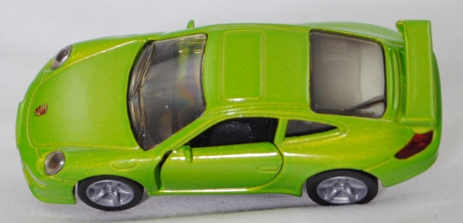 00003 Porsche 911 Carrera S (Typ 997.1 Coupé / 997 MK1 Coupé, Vorfacelift, Modell 2004-2008), hell-gelbgrünmetallic, B22a / B22b geschlossen silbergrau, SIKU SUPER, 1:55, m