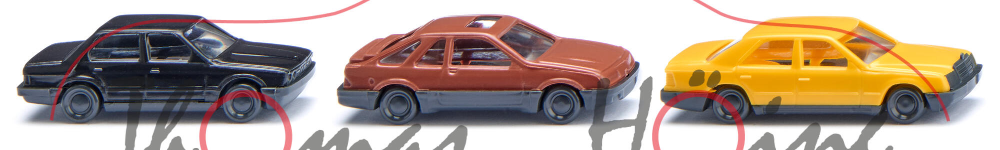 Drei klassische PKW:  BMW 320i (E30, Mod. 83-85) + Ford Sierra XR 4i (Sierra '82/Mk1, Mod. 83-85) + Mercedes-Benz 260 E (W 124, Mod. 84-89), schwarz/braun/gelb, N-Spur, Wiking, 1:160, mb