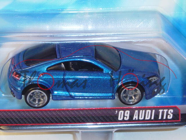 Audi TTS Coupé, Mj. 2009, verkehrsblaumetallic, innen schwarz, Lenkrad schwarz, HOT WHEELS®, 1:64, B