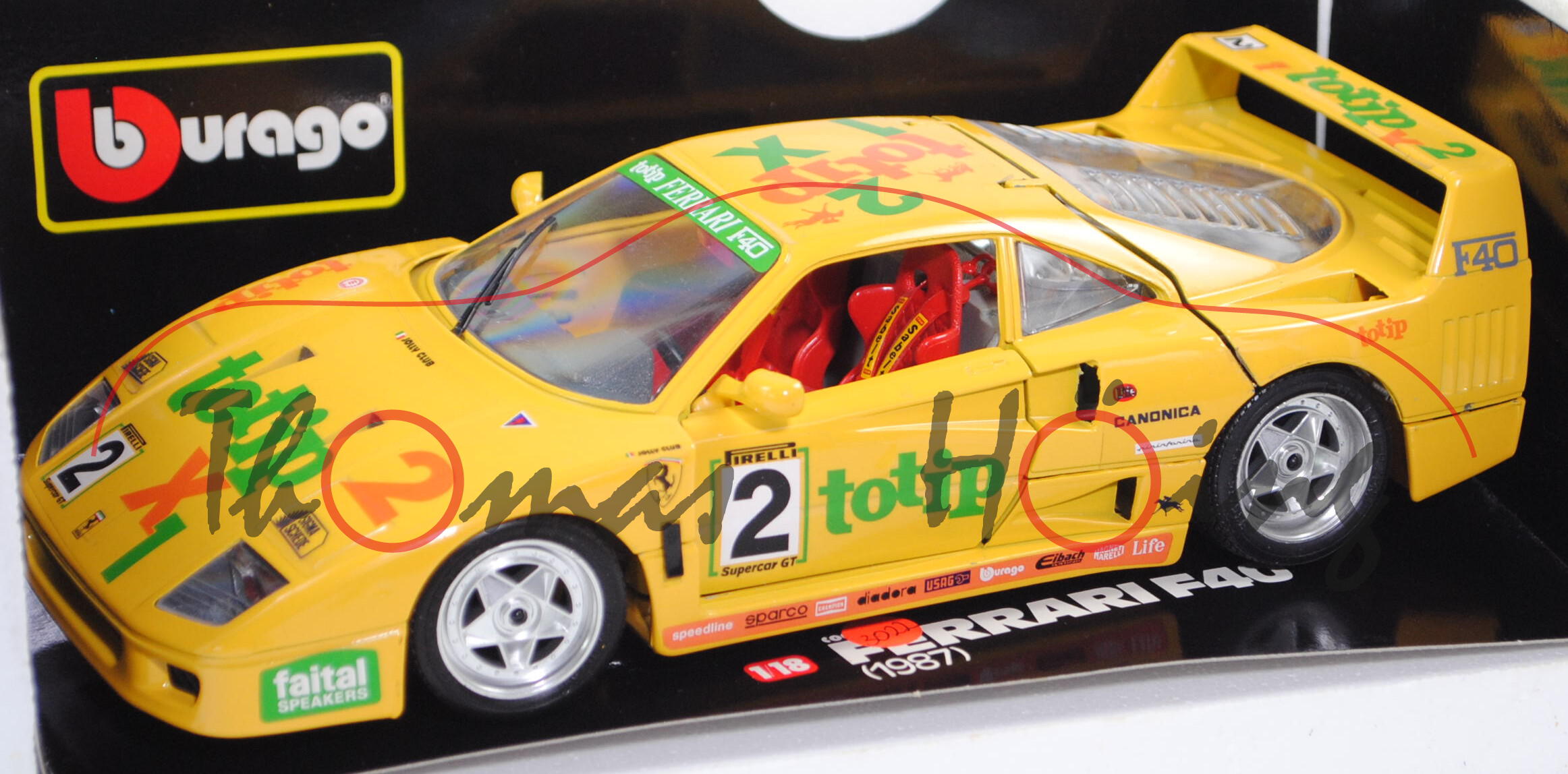 Ferrari F40 (Modell 1987-1992), giallo modena, Sponsor: totip, Nr. 2, Bburago / DIAMONDS, 1:18, mb